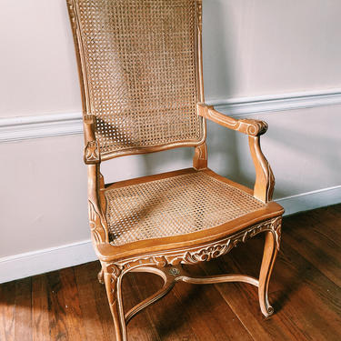 Carved Light Wood French Cane Arm Chair 
