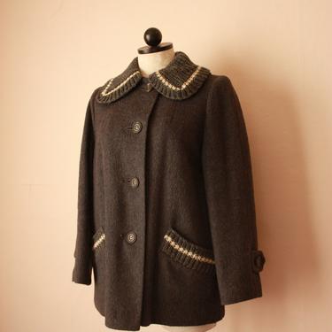 60s Gray Mod Short Wool Overcoat with Crocheted Collar &amp; Pockets Size S 