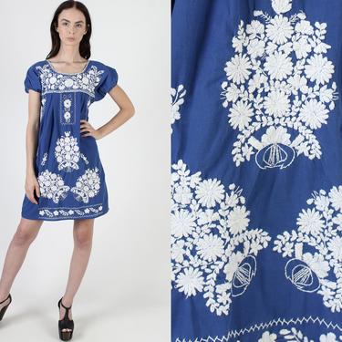 Royal Blue Mexican Dress / Womens Mexican Puebla Dress  / All White Embroidered Summer Vacation  Dress / Womens Puff Sleeve Short Mini Dress 