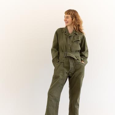 Vintage Green Herringbone Twill Belted Coverall | Painter Army Jumpsuit Flight Suit | Studio Boilersuit | GC008 