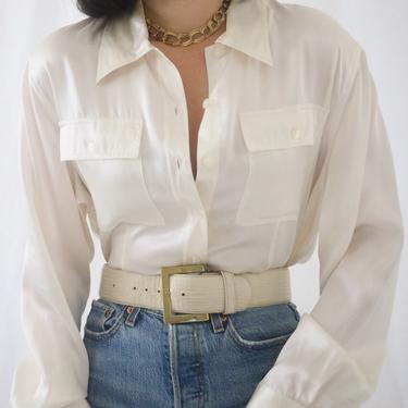 Vintage Cream Silk Blouse - Charmeuse Liquid Silk Blouse New With Tags - Large 