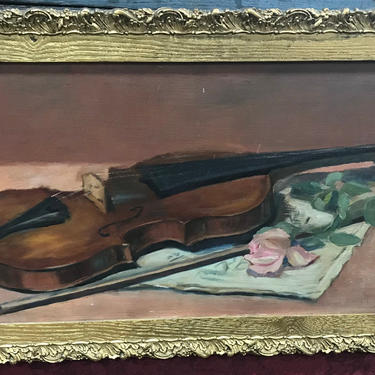Oil on board painting Still Life Violin with rose c1890 