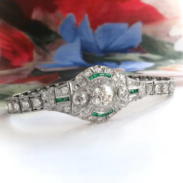 Art Deco 6.93ct.tw. Diamond Emerald Platinum Bracelet 6.5&quot; Wrist 