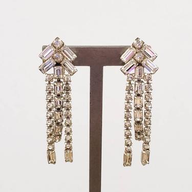 1950s Art Deco Style Rhinestone Dangle Earrings / 50s Does 20s  Screw Back Clips Clear Glass Drop Earrings / Gilda 