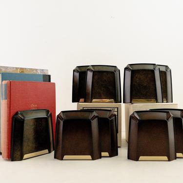 One Pair of Vintage Faux Leather Bookends, Square Matina Decor Brown Leatherette and Gold Book Holders 