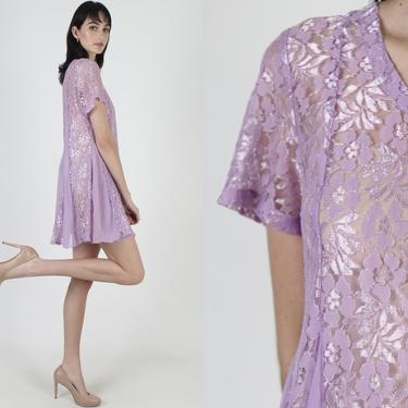 Vintage 90s Grunge Floral Mini Dress / 1990s Sheer Full Skirt Dress Lavender Scoop Neck Dress / Gypsy Lace Chiffon Boho Festival Dress 