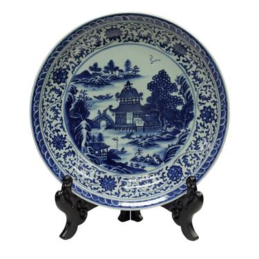 Chinese Blue &amp; White Porcelain Oriental Scenery Display Charger Plate cs3684E 
