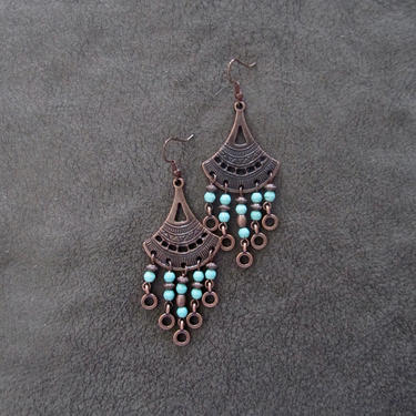 Copper chandelier earrings, bold statement earrings, southwest earrings, tribal ethnic earrings, geometric earrings, turquoise earrings 