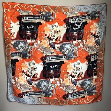 Oversized Silk Scarf from Pierre Cardin Paris - orange, red and grey with busy graphic pattern 