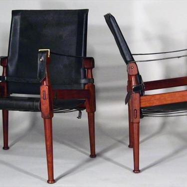 Pair Kaare Flint Black Leather and Rosewood Safari Chairs Midcentury Modern