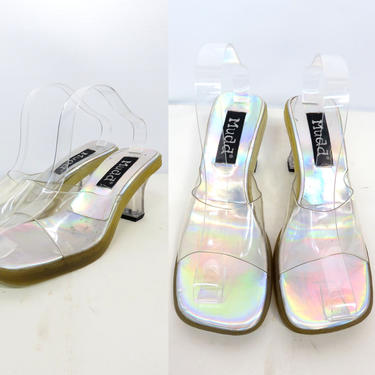 Vintage 90s Iconic Mudd Holograph Insole Clear Slip On Heels Size 9.5 