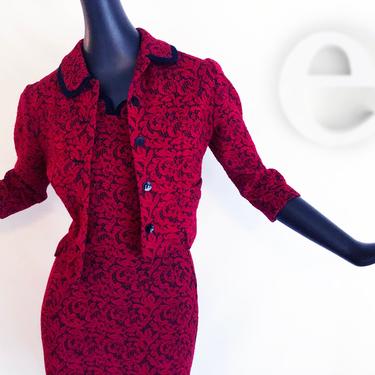 Smokin' HOT Vintage Rockabilly Dress + Jacket! | 4 way STRETCH Vintage 50s Wiggle Dress Pin Up Bombshell | Deep Red &amp; Black Chunky Lace SM 
