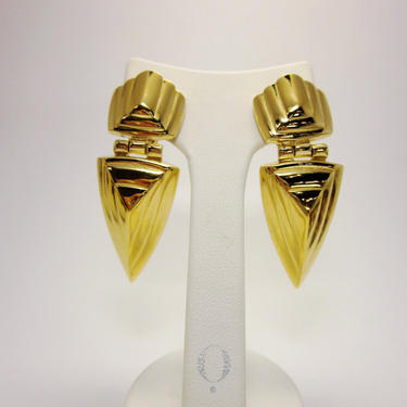 Vintage Givenchy Gold Tone Art Deco Revival Geometric Dagger Chunky French Couture Runway Statement Earrings 