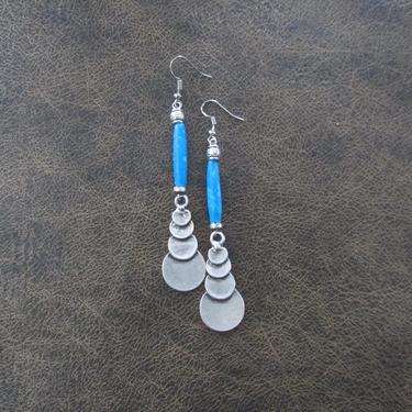 Mid century modern earrings, Long blue bone and silver statement dangle earrings, tribal earrings, horn earrings, Art Deco earrings 