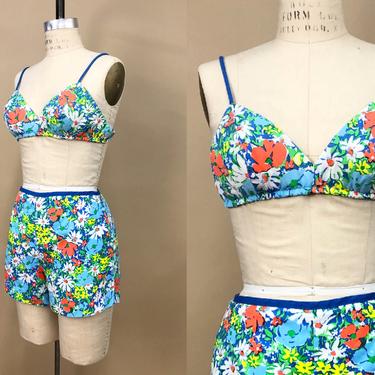 Vintage 1960s Sea Waves Brand Floral Print Two Piece Swimsuit, 60s Swimwear, Vintage Two Piece, Mid Century Mod, Bust 32A, Size Small by Mo