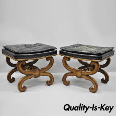 Pair of Italian Regency Style Curule X-Frame Stools Carved Wood Benches