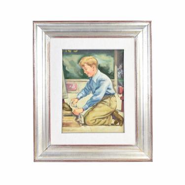 Vintage 1940’s Oil Painting Illustration Style Shoe Shine Boy Working on Street 