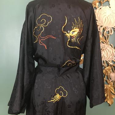 vintage robe, black satin, vintage dressing gown, metallic embroidery, dragon print, asian robe, size medium, tie waist, kimono style, 38 