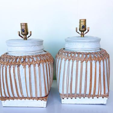 Pair of Rattan Wrapped Plaster Lamps