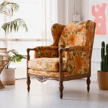 Vintage Orange Floral Wingback Arm Chair
