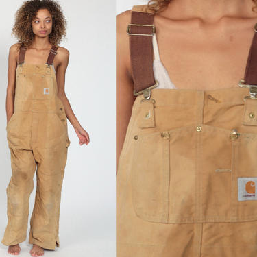 Insulated Carhartt Overalls Workwear Coveralls Pants QUILTED Dungarees Light Brown Suspender Pants Long Work Wear Bib Vintage Medium Large 