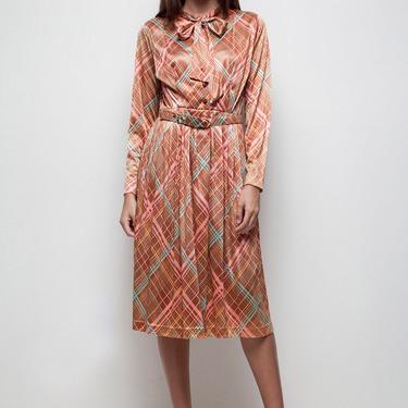 shiny ascot bow dress vintage 70s shirtwaist bowtie pleated plaid brown tan print LARGE L 