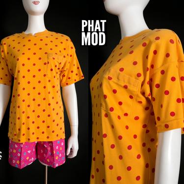 Cute &amp; Happy Vintage 80s 90s Golden Yellow and Orange Polkadot T-Shirt Top with Pocket 
