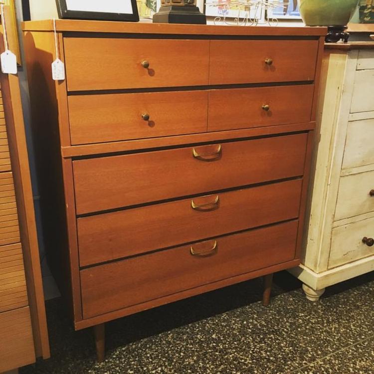Mid century five drawer dresser with brass hardware, 42 inches high, 34 inches wide, 18 inches deep. $395.