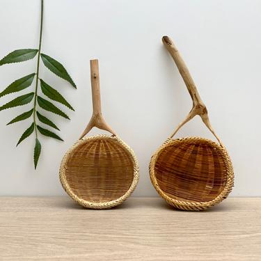 Pair of Woven Bamboo Ladle Baskets | Set of Two Vintage Wicker Rattan Rice Scoops | Boho Wall Decor | Rustic Decor 