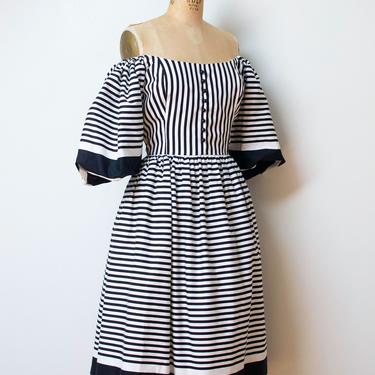 1980s Black and White Striped Puff Sleeve Dress | Victor Costa 