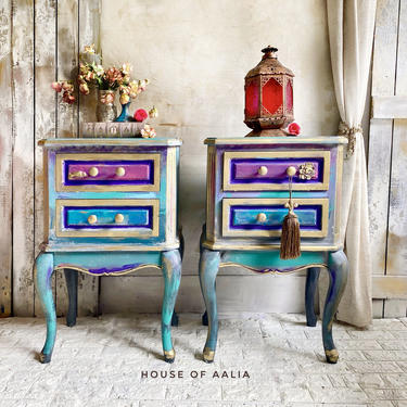 Teal Purple Nightstands | Bohemian Nightstands | Boho Bedside Tables |Anthropologie Inspired tables | Jewel Toned Table 