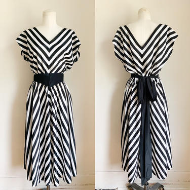 vintage 1980s Black & White Chevron Dress / M-L 