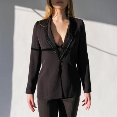 Vintage Y2K ESCADA Black Silk Evening Blazer w/ Beaded Fringe Shawl Lapel Collar | Made in Germany | 100% Silk | 2000s Designer Silk Jacket 