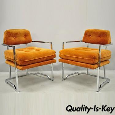 Pair Carson's Mid Century Modern Milo Baughman Chrome Orange Lounge Chairs (B)