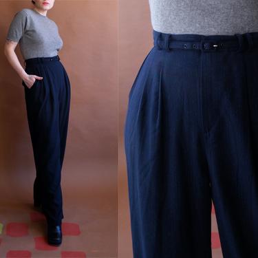 Vintage 80s Pinstripe Belted Trousers/ 1980s High Waisted Wide Leg Pants with Matching Belt/ Size 28 29 