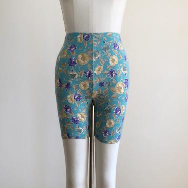 Teal, Yellow and Purple Floral Print Bike Shorts - 1990s 