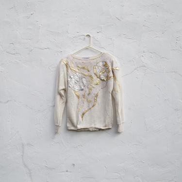 vintage | floral sweater | gold + white | 80s 