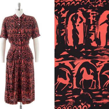 Vintage 1940s Shirt Dress | 40s Grecian Novelty Print Rayon Crepe Red Black Ladies Animals Shirtwaist Dress with Pockets (medium) 