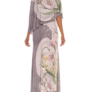 1970S Leonard Grey Polyester Jersey Art Nouveau Daffodil Printed Gown With Attached Asymmetrical Cape 