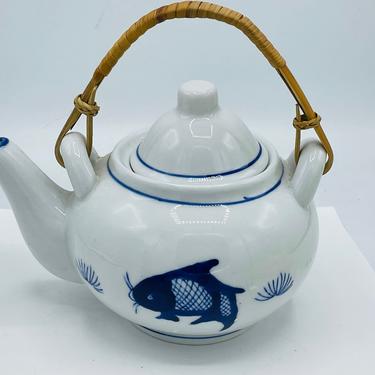 Vintage Koi Fish Blue White Teapot Asian Wicker Bamboo Handle Kettle China- Chip Free 