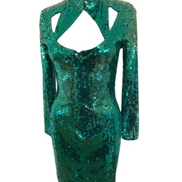 80s sequin dress, vintage caged dress, body con dress, holiday green sequin dress, sequin cocktail party dress, size small 6 8 