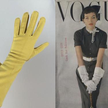 Make Up Your Mind - Vintage 1950s Mr John Golden Yellow Nylon Gauntlet Gloves - 7 1/2 