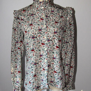 Vintage 70s Novelty Print Duck and Florals Ruffled Puffy Shoulders Button Front 70s Preppy High Collar 