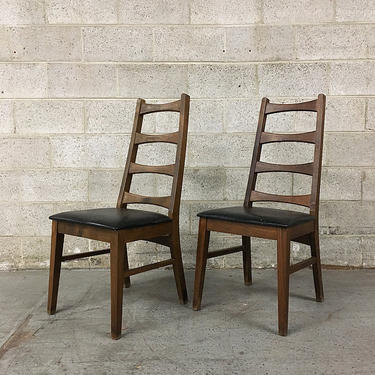 Vintage Mid Century Chairs Retro Dark Brown Wood and Black Vinyl McM Set of 2 Matching LOCAL PICKUP ONLY 