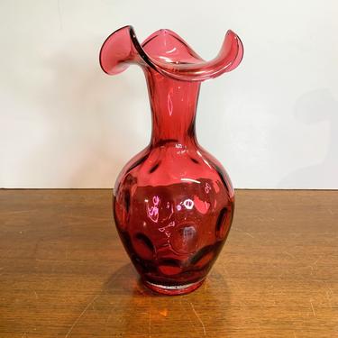 Vintage Fenton Glass Coin Dot Optic Cranberry Vase 1069 CC Country Cranberry 