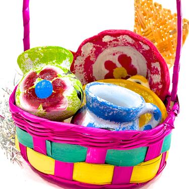VINTAGE: 7pc - Mexican Terra Cotta Mini Colorful Set in Basket - Crafts - Ornaments - Mug, Plates - Handmade - SKU 35-B-00033618 