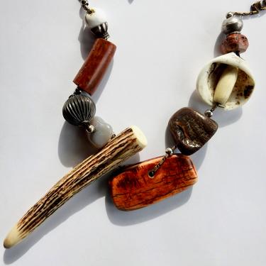 Maya Style Large Long Horn Stone Wood Shell Tribal Statement Necklace 