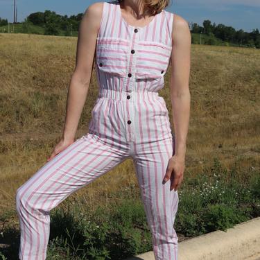 Vintage White Jumpsuit / Striped Sleeveless Pantsuit / 80's Cotton Playsuit / Small 