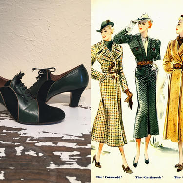 A Day at the Races - Vintage 1930s Hunter Green Nubuck &amp; Kidskin Leather Oxford Heels Pumps Shoes - 7 