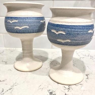 One Pair of Vintage Sea Bird Blue and White Pottery Barware Wine Goblets, 2 Antique Sea Beach Theme Pottery Votive Candle Holder Goblets by LeChalet